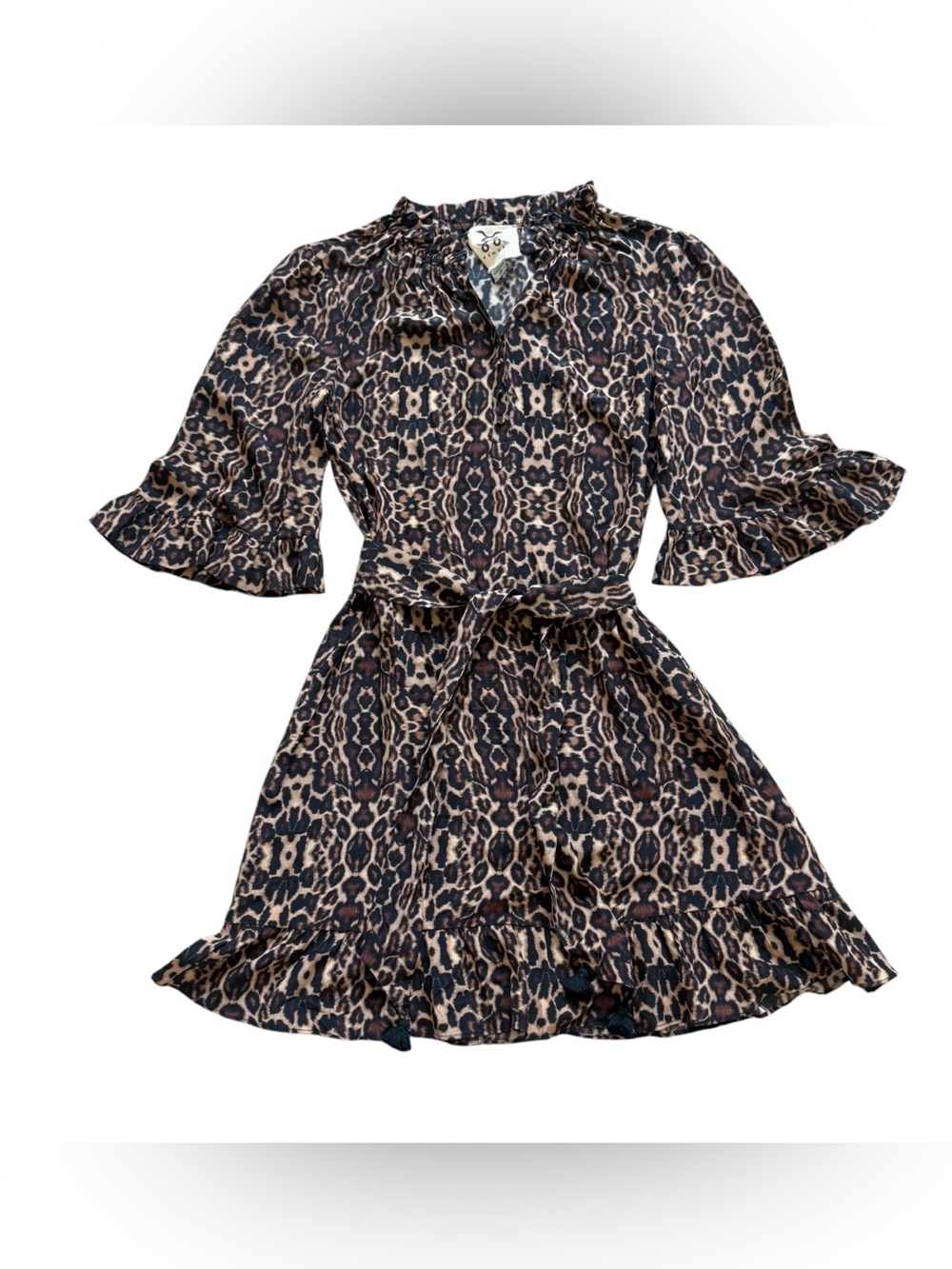 Figue 100% Silk Leopard Animal Print Ruffle Belted Mini Dress Brown Black XS